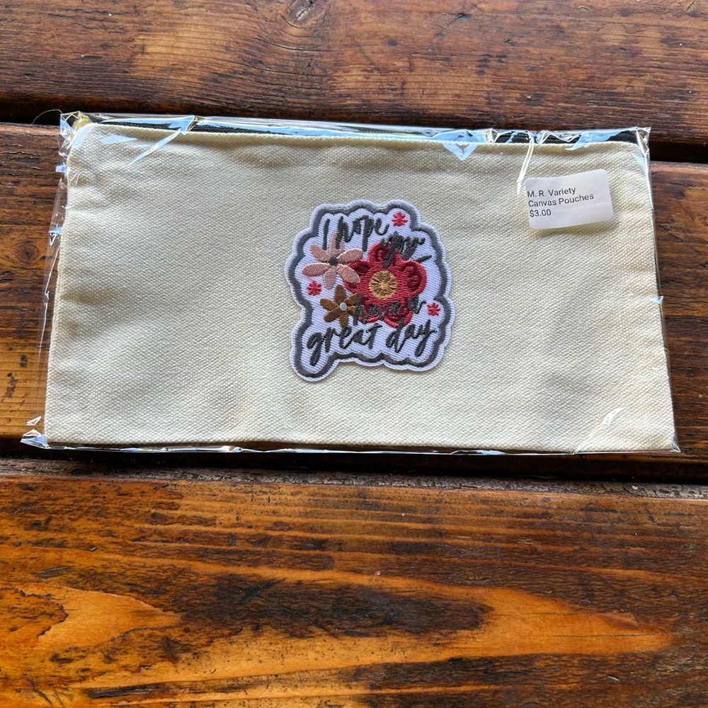 Beige Canvas Pouch with Floral Patch